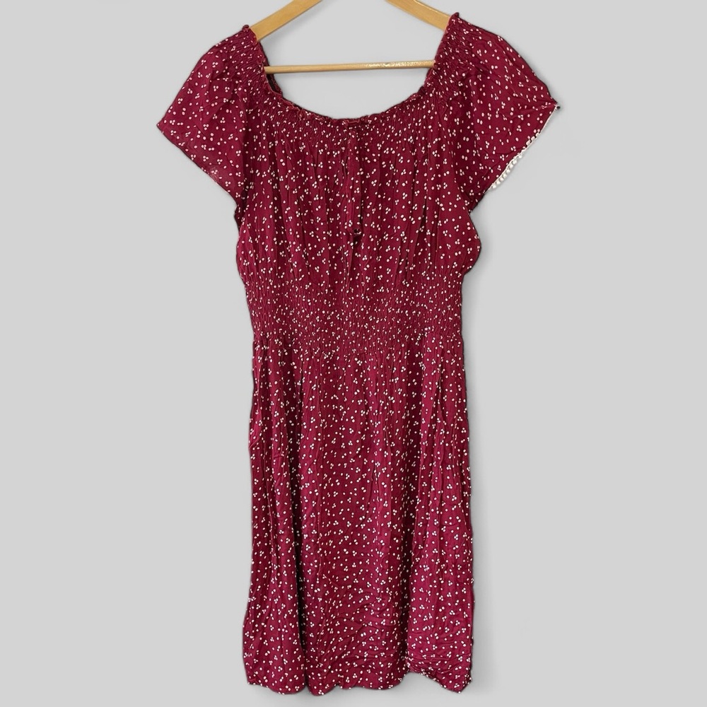 Anthropologie Kindred Womens Dress Size Large Burgundy White Dot Print Pullover